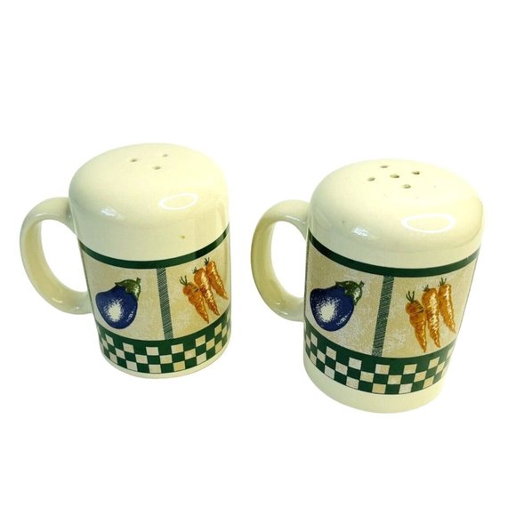 Salt & Pepper Shakers Vegetables & Green Checker Pattern Vintage Himark Ceramic - Picture 2 of 6